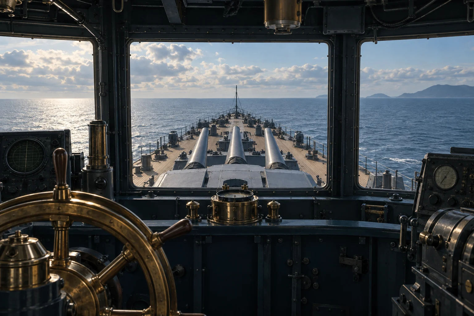 View from a battleship helm across the forward naval guns and open sea