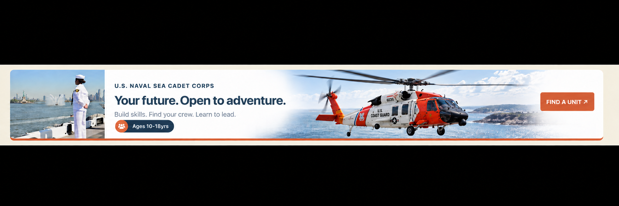 Sea Cadets banner with a waterfront cadet and an illustrated Coast Guard rescue helicopter