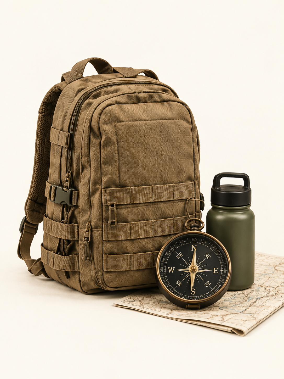 Khaki backpack, water bottle, and compass
